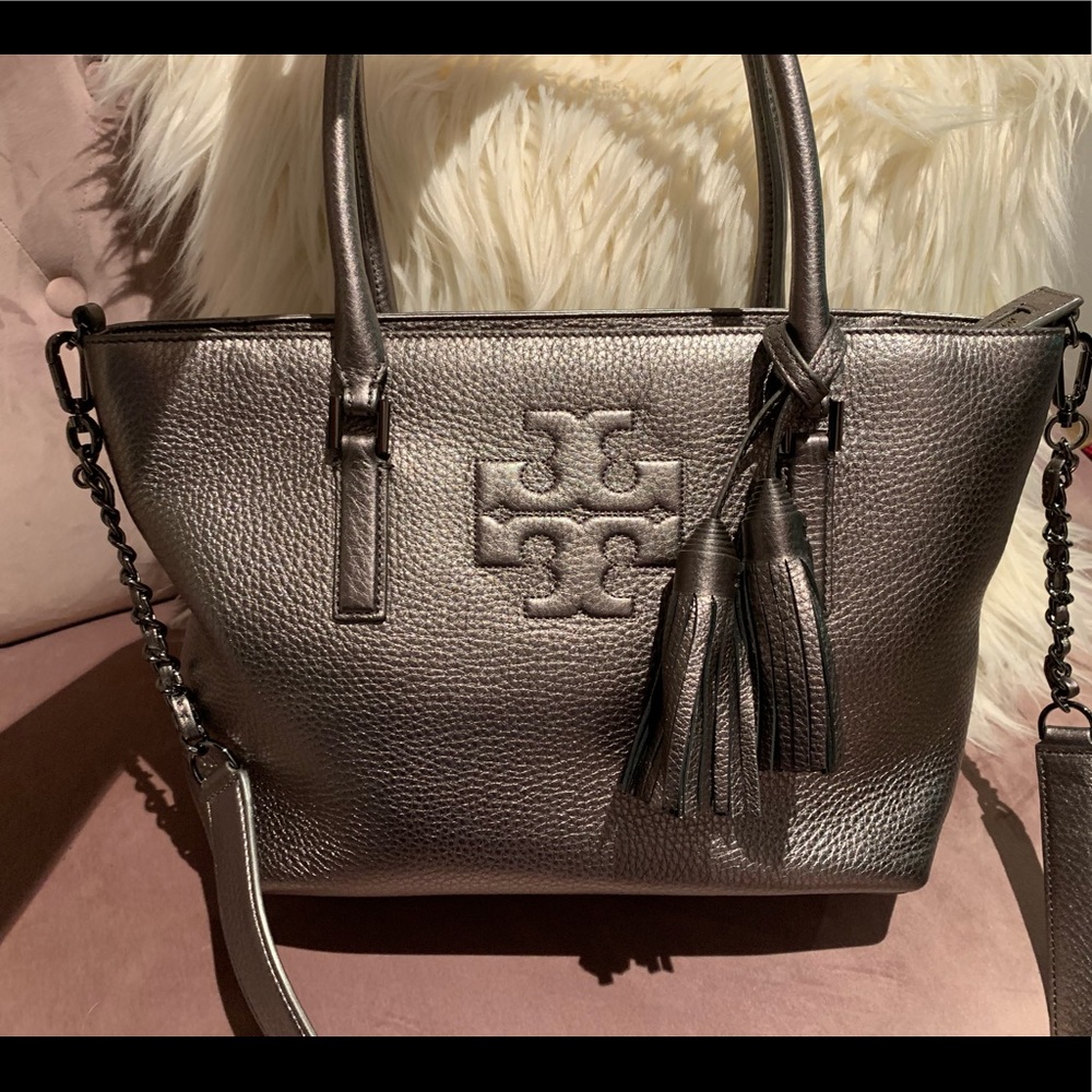Tory Burch Thea Tote Gunmetal Crossbody Chain Zip